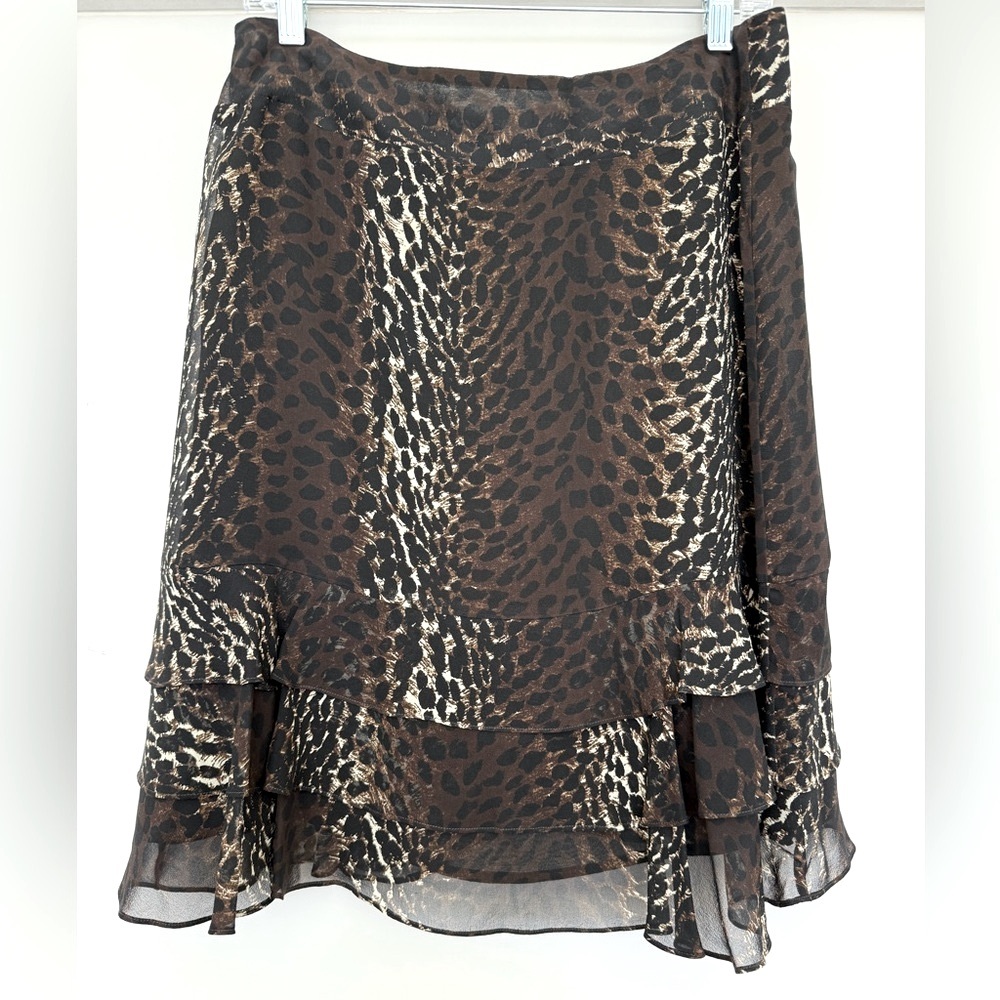 Express y2k 100% Silk Leopard Animal Print Midi Skirt Large Zip